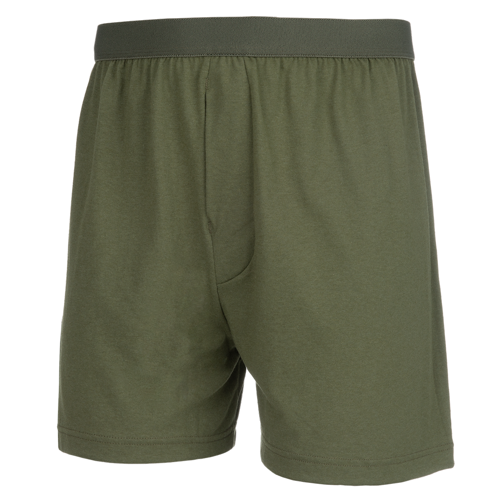 Product shot of olive green cotton boxer shorts featuring a comfortable elastic waistband and a simple design