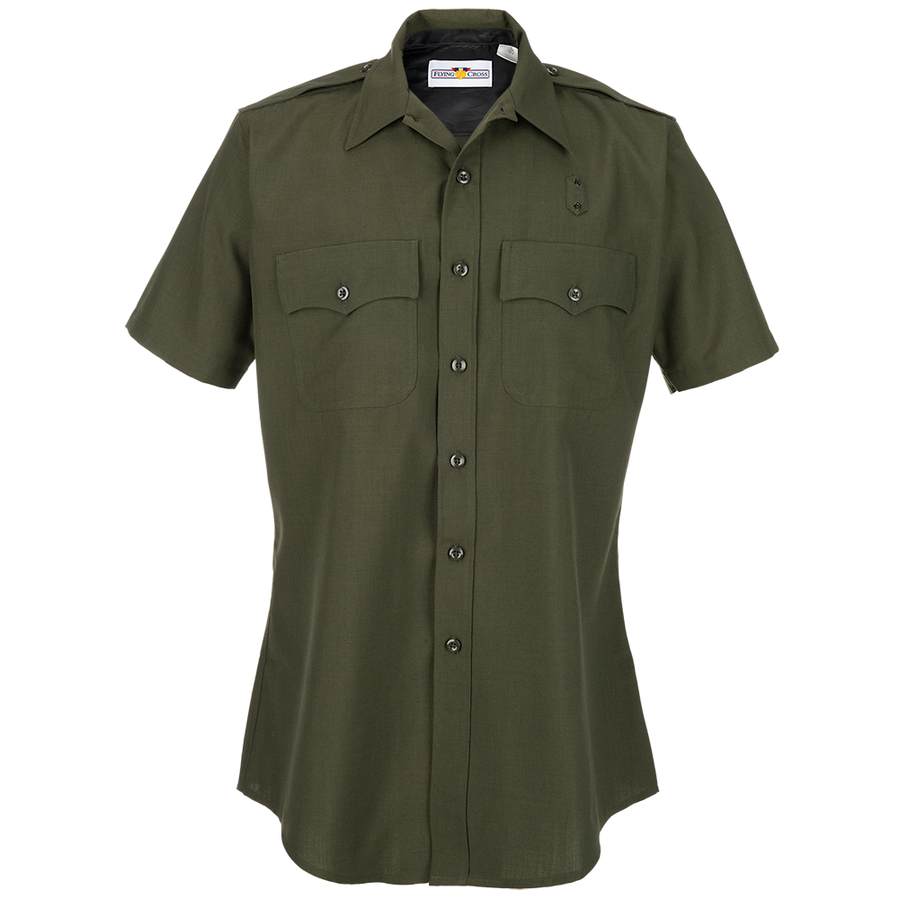 Product shot of a Flying Cross brand olive green short sleeve shirt featuring a button-down collar and two chest pockets with a subtle textured fabric and black buttons