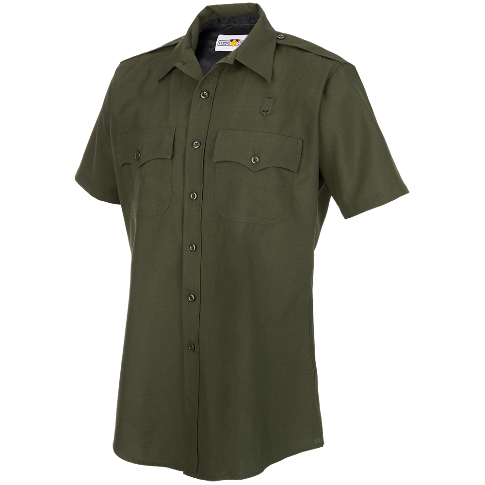 Product shot of a Flying Cross brand olive green short sleeve shirt featuring a button-down collar, two chest pockets with flaps, and black buttons
