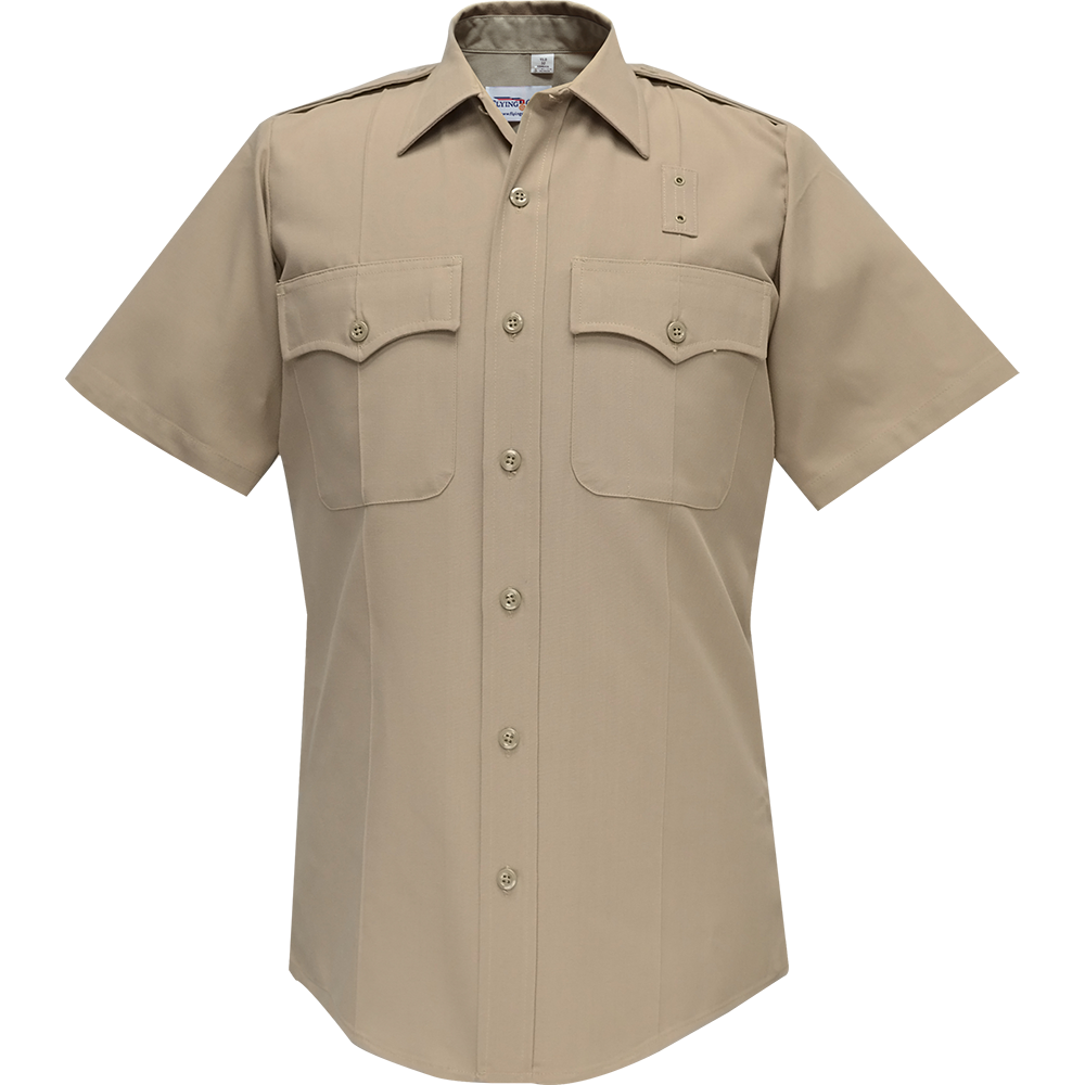 Product shot of a tan short-sleeved uniform shirt featuring two chest pockets with button flaps and a button-down front showcasing its sturdy fabric and clean lines