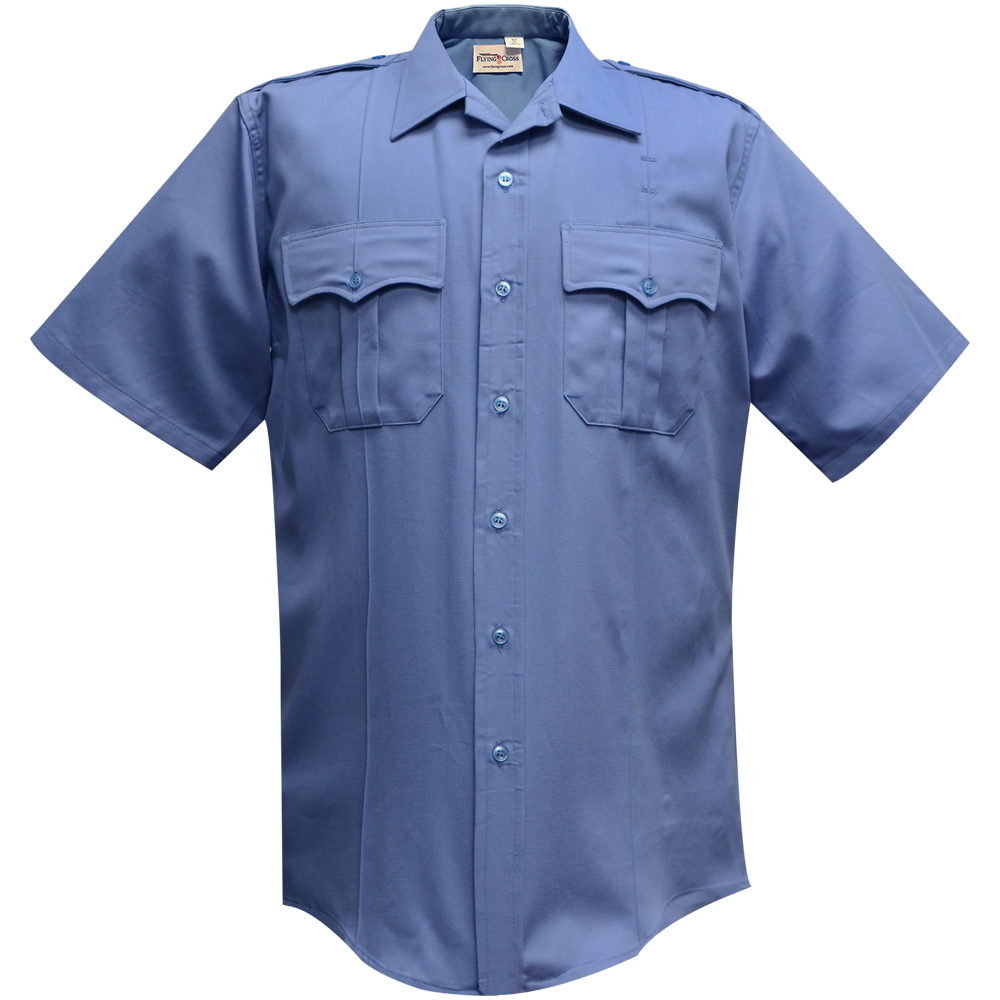 Product shot of a Flynn & O'Hara short-sleeve, light blue uniform shirt featuring two chest pockets and light blue buttons showcasing the brand's logo
