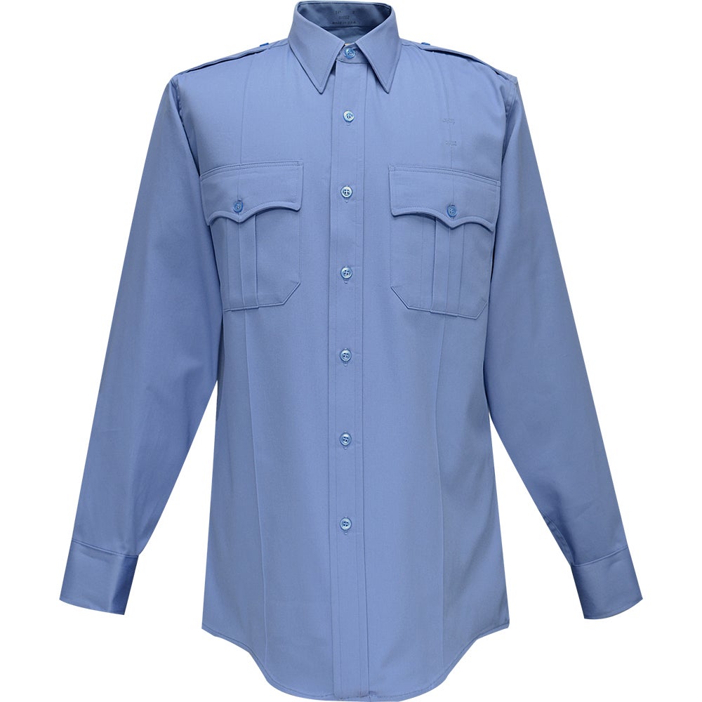 Product shot of a light blue long-sleeved uniform shirt featuring two breast pockets and button-down cuffs showing its smooth texture and subtle color variations against a plain white background