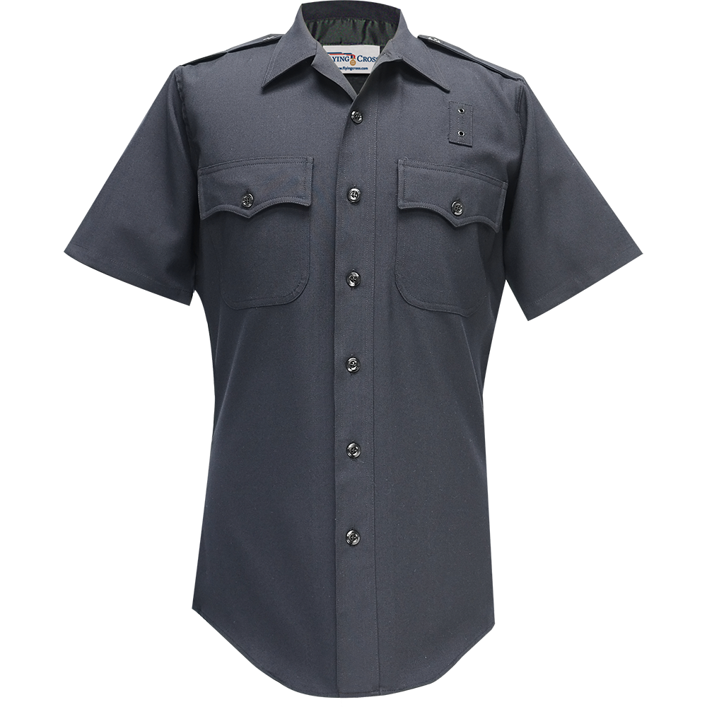 Product shot of a dark gray Flying Cross short-sleeve work shirt featuring two breast pockets, black buttons, and epaulet detailing