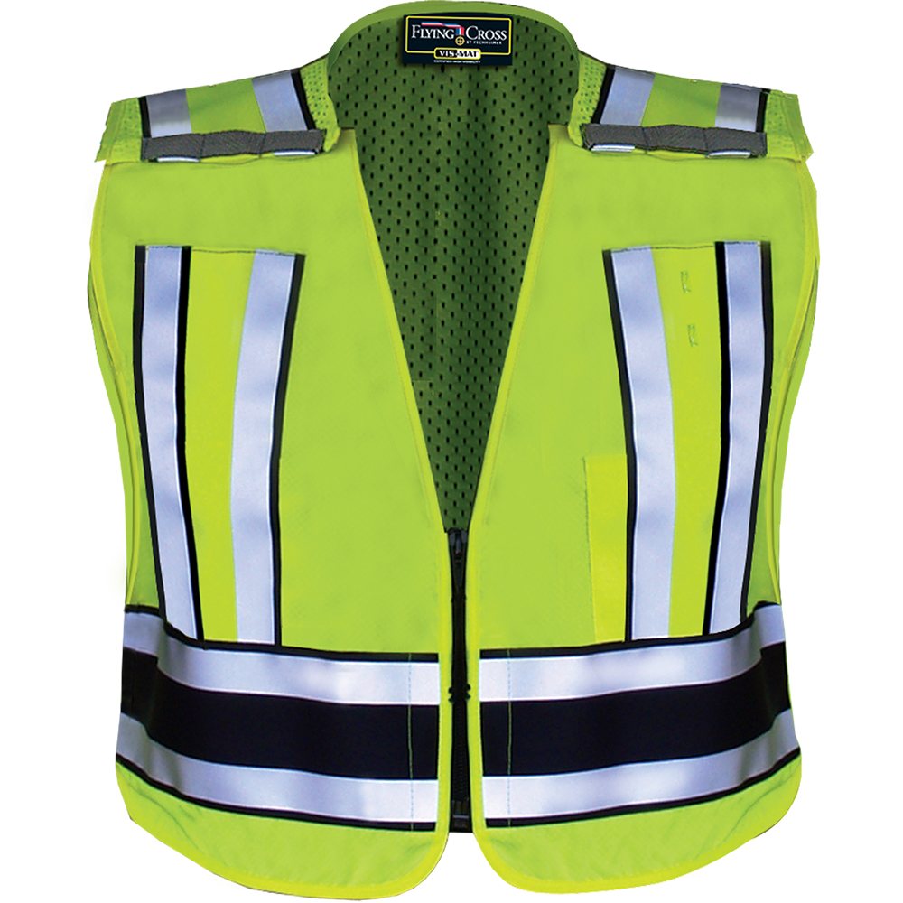 Flying Cross Vis-Max safety vest featuring lime green fabric reflective silver and black stripes and breathable mesh back