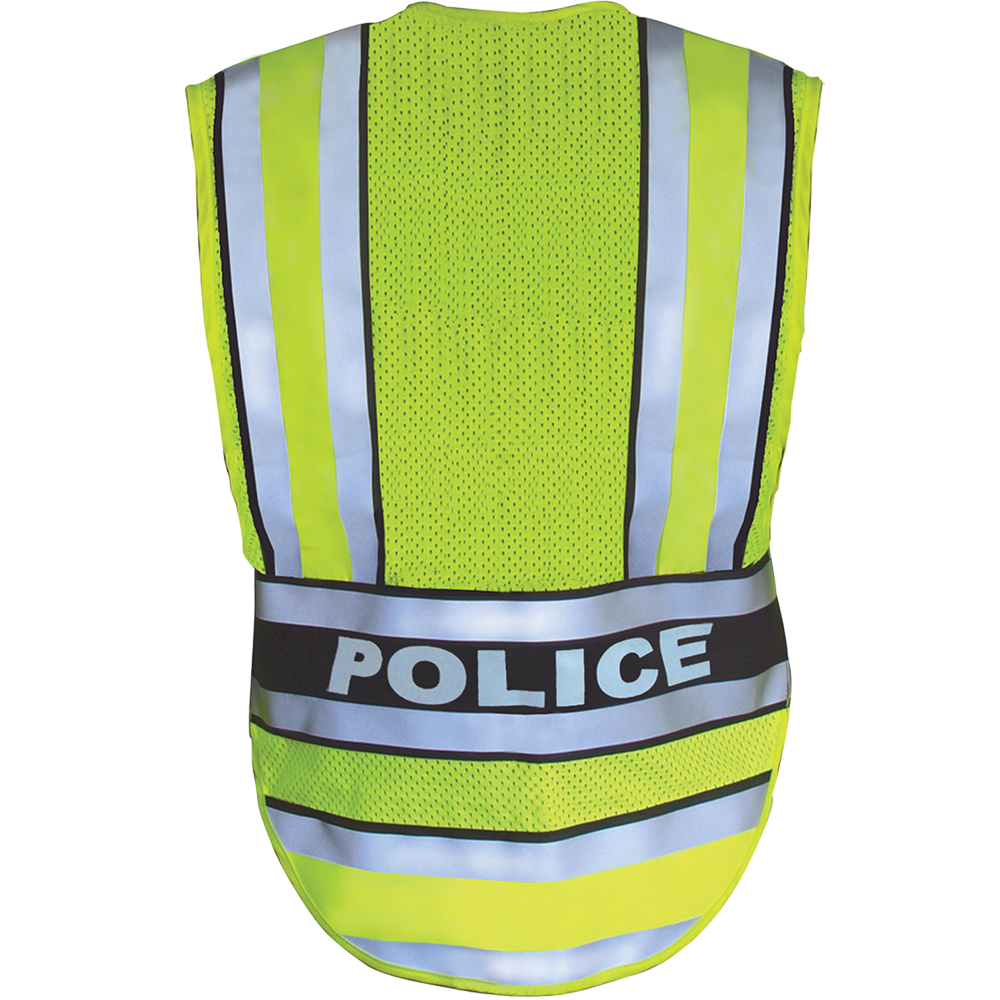 Product shot of a lime green police safety vest featuring reflective silver stripes and a black POLICE band on the back