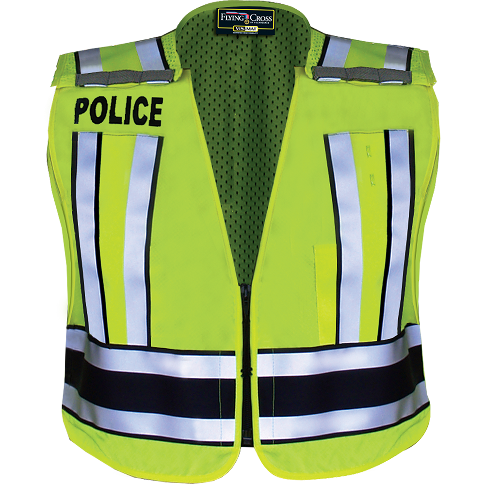 Flying Cross by Vision safety vest lime green police safety vest with reflective silver and black stripes and breathable mesh back