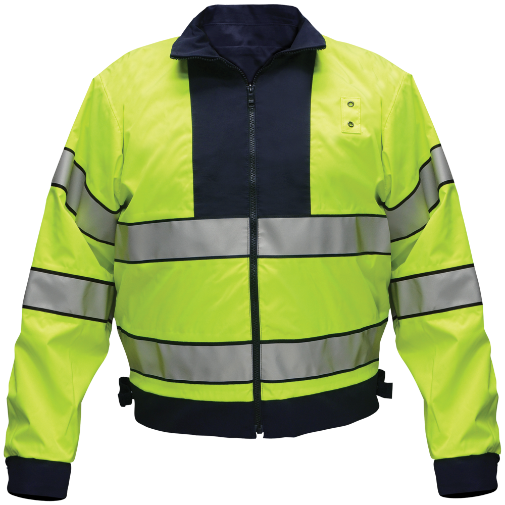 Product shot of a lime green and navy blue high visibility jacket featuring reflective silver stripes and two small buttons near the collar