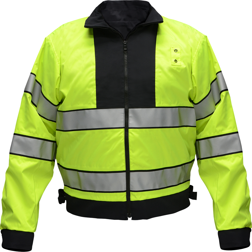 Product shot of a lime green and black safety jacket with reflective silver stripes and two black buttons on the chest.