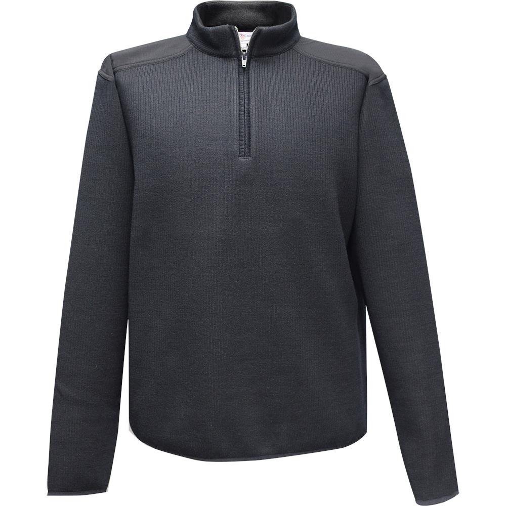 Product shot of a dark gray ribbed mens quarter-zip sweater with contrasting charcoal gray collar and cuffs showing subtle texture and a half-zip closure