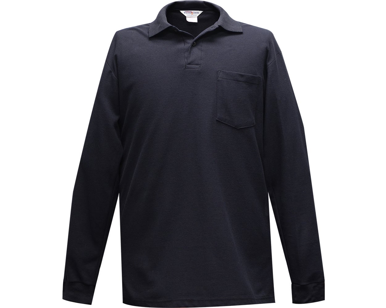 Product shot of a dark navy blue long-sleeve polo shirt with a small chest pocket and ribbed cuffs and collar