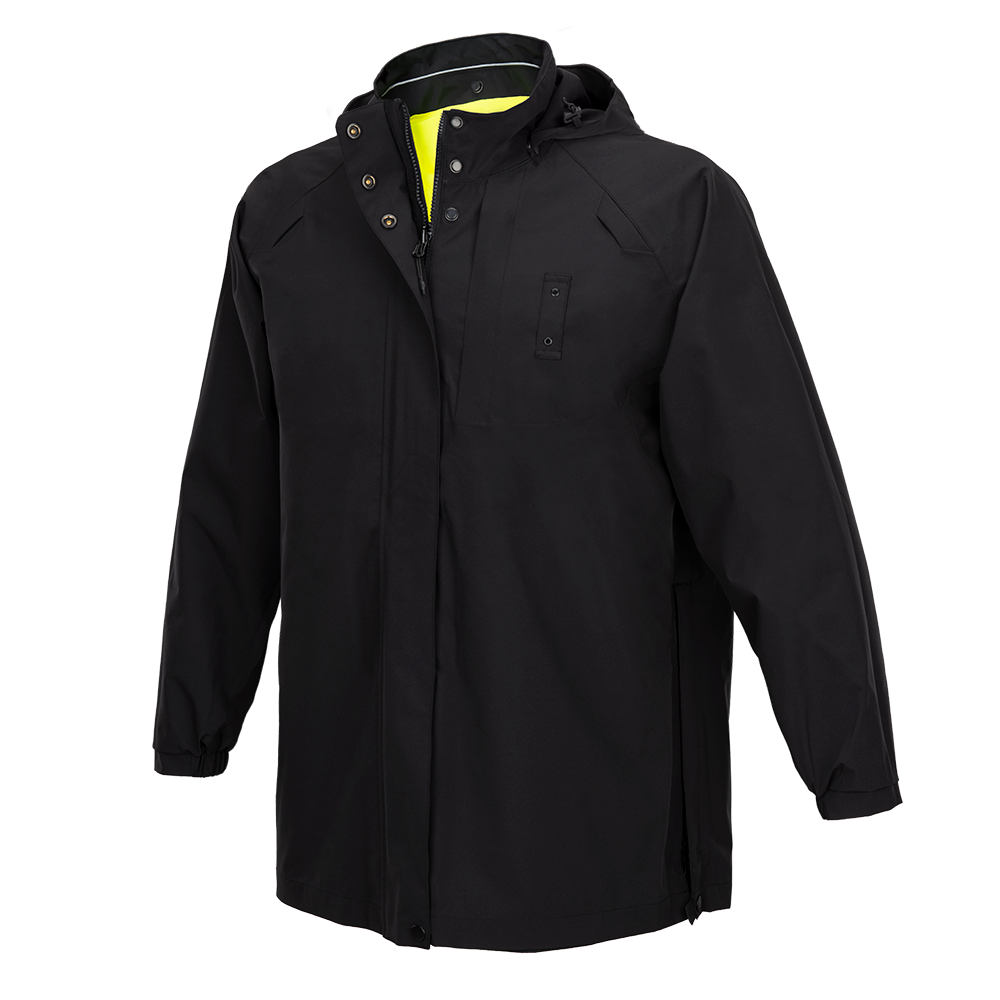 Product shot of a black waterproof jacket with a neon yellow inner lining and snap closures featuring a hooded design and adjustable cuffs