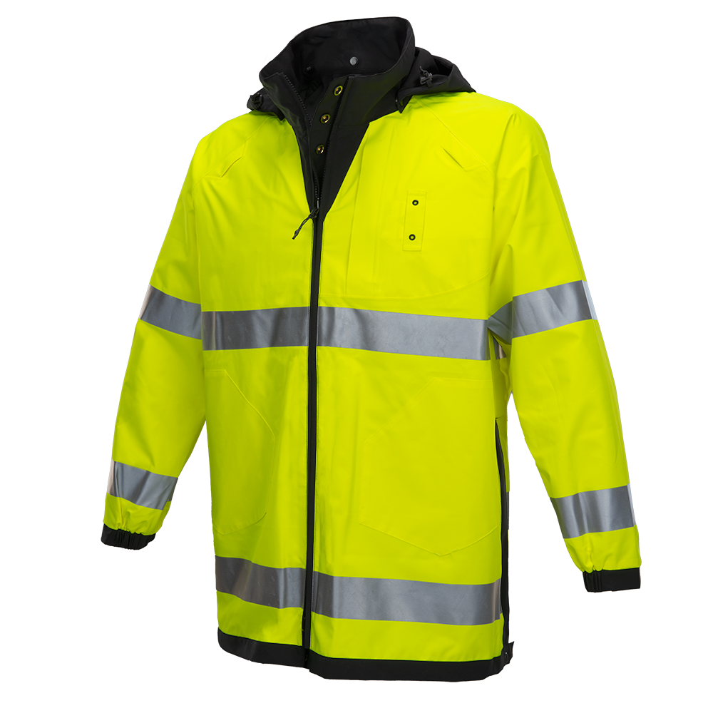 Product shot of a bright neon yellow waterproof jacket with reflective silver stripes and a black inner lining showing details like zipper and pockets
