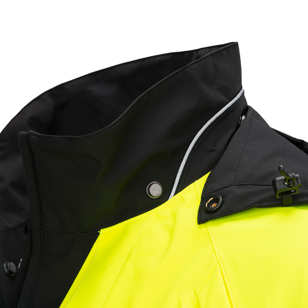 Close-up product shot of a black and neon yellow jacket featuring snap buttons, a contrasting gray trim, and a secure hood clasp
