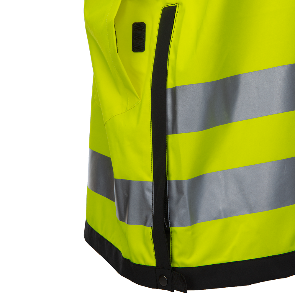 Close-up detail of a neon yellow waterproof jacket with reflective silver stripes and a black zipper showing a small black pocket
