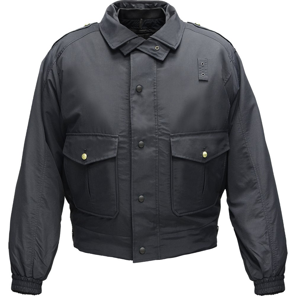 Product shot of a dark navy blue jacket with brass buttons and elastic cuffs showing two pockets and a badge tab