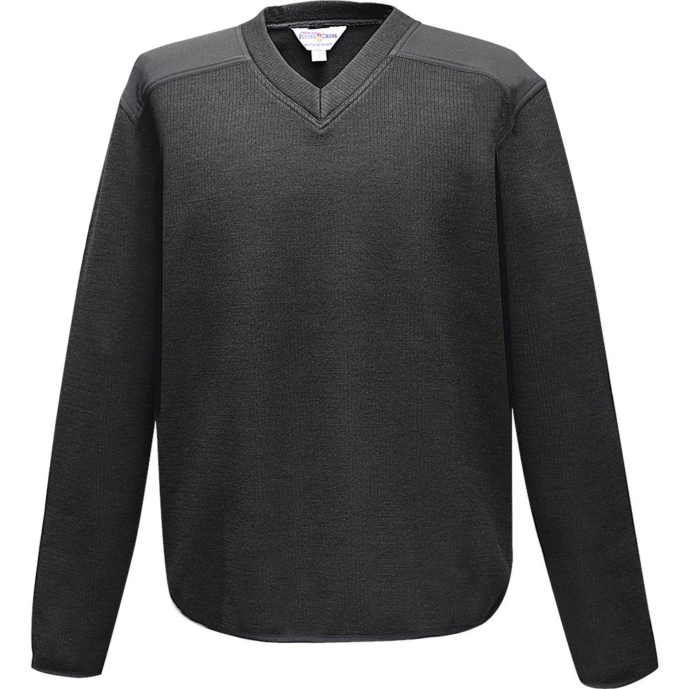 Product shot of a Flying Cross dark gray waffle knit V-neck sweater featuring ribbed detailing and a subtle contrast stitch at the hem and cuffs