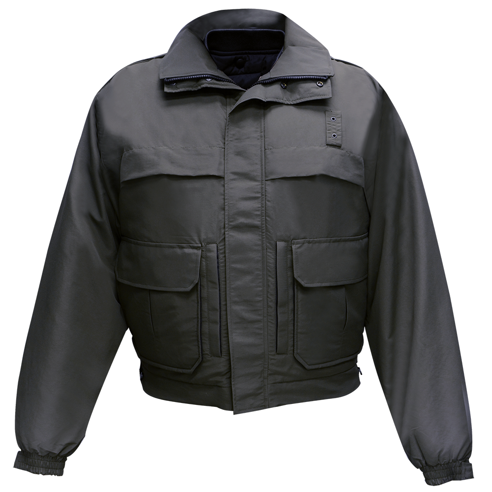Product shot of a dark olive green jacket with multiple pockets and a zippered collar featuring ribbed cuffs and subtle stitching details