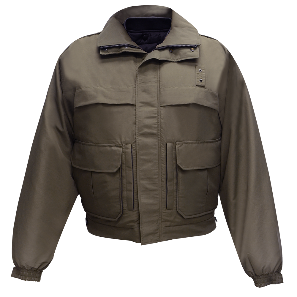 Product shot of a military-style olive-green jacket with zipper, multiple pockets, and black contrast stitching on the pockets and cuffs.