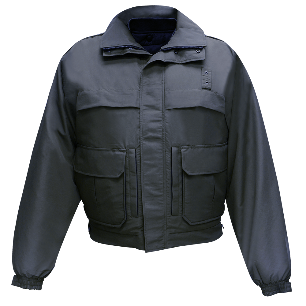 Product shot of a dark olive green, unisex jacket featuring a high collar, two lower pockets with dark stitching, and elasticized cuffs.