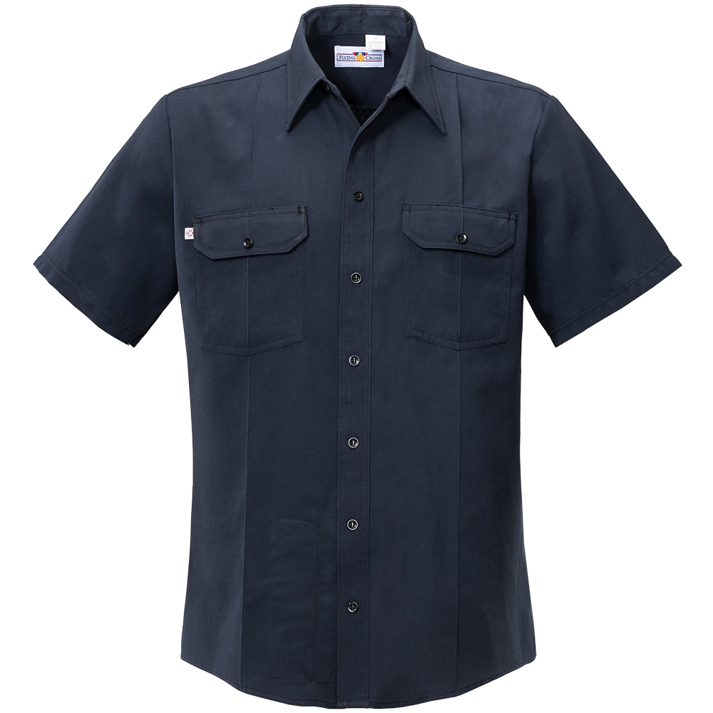 Product shot of a dark navy blue Flying Cross short-sleeve work shirt featuring two chest pockets, button front closure, and a small logo patch on the left breast