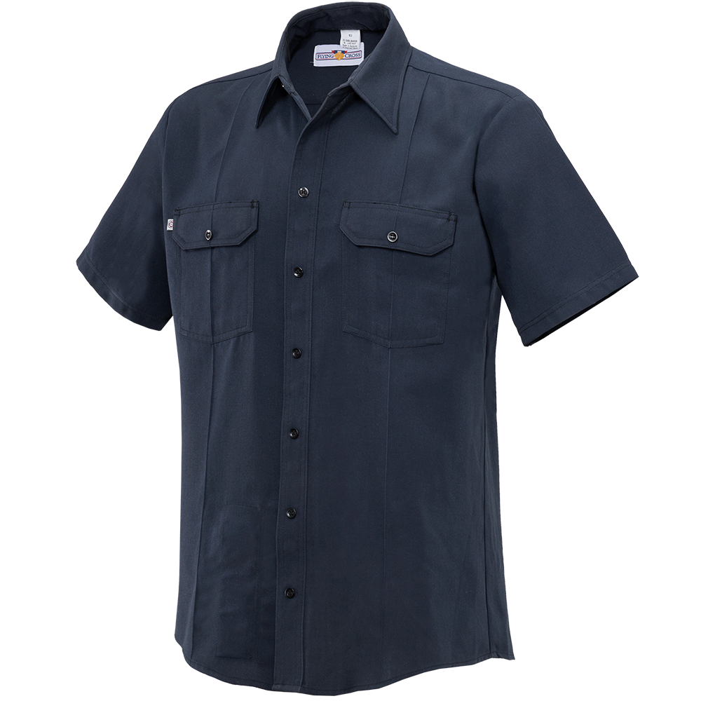 Product shot of a Flying Cross brand dark blue short-sleeved work shirt featuring two chest pockets and dark buttons showing the shirt's durable fabric and classic design