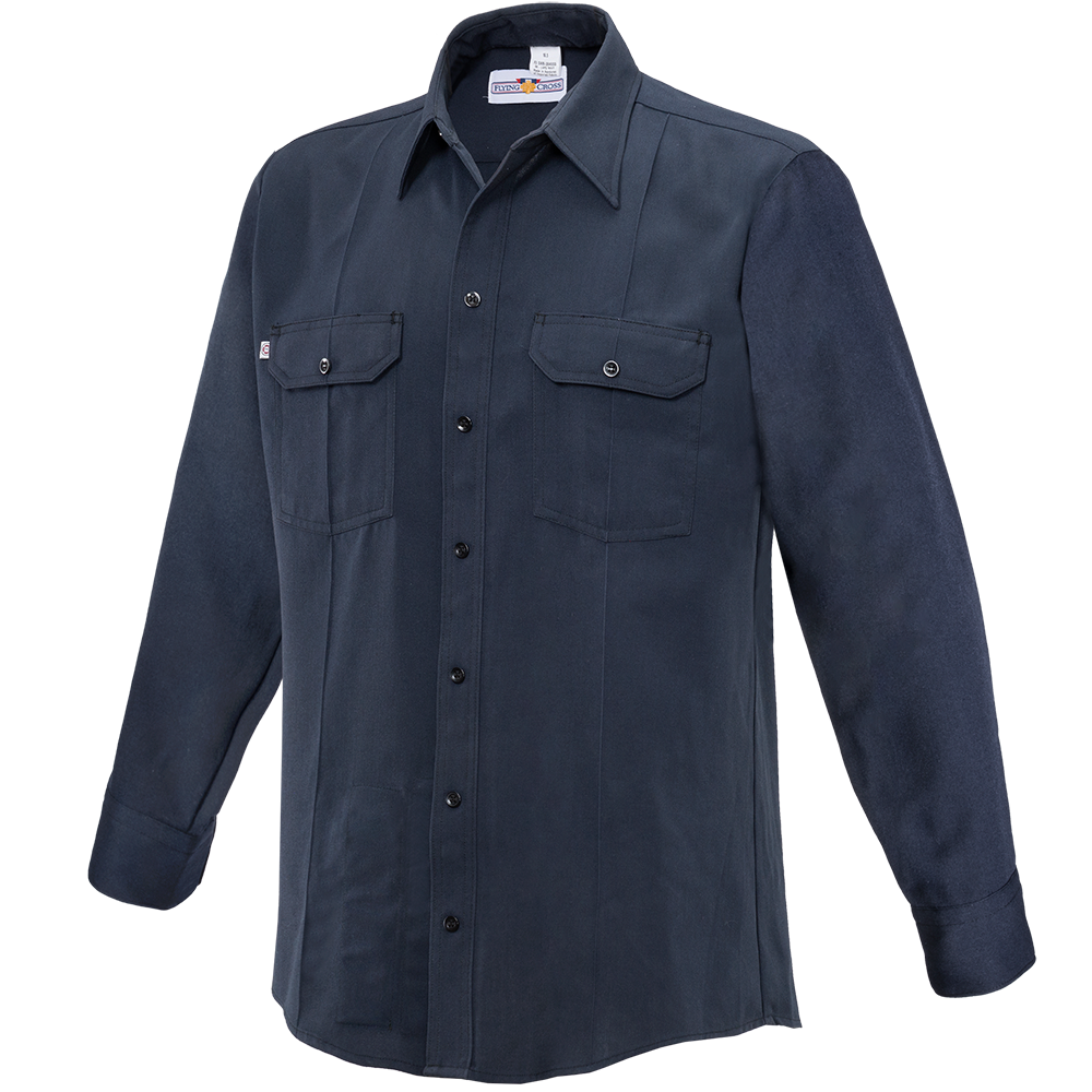 Product shot of a Flying Cross long-sleeve work shirt showcasing its dark navy color, two chest pockets, and button-down front closure