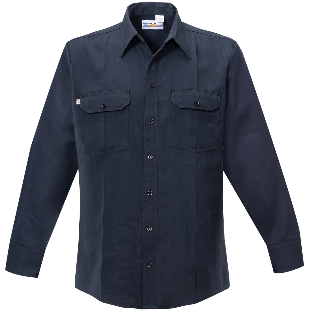 Product shot of a Flying Cross navy blue long-sleeve work shirt featuring two chest pockets, button-down front and long cuffs