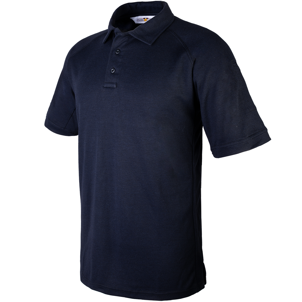 Product shot of a dark navy blue 511 Tactical polo shirt featuring a three button placket and a small logo on the collar showcasing its breathable fabric and reinforced stitching