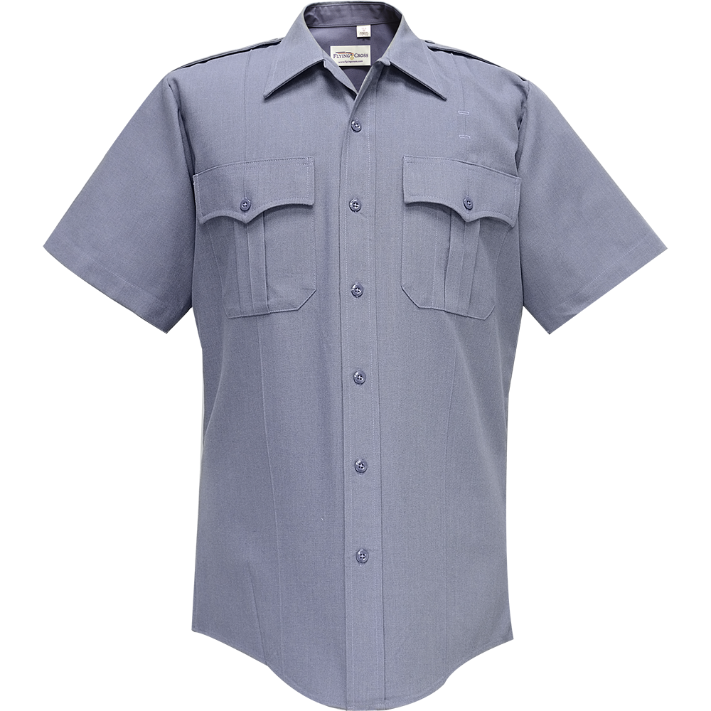 Flying Cross short sleeve shirt features a muted gray color two flap pockets and a button-down collar