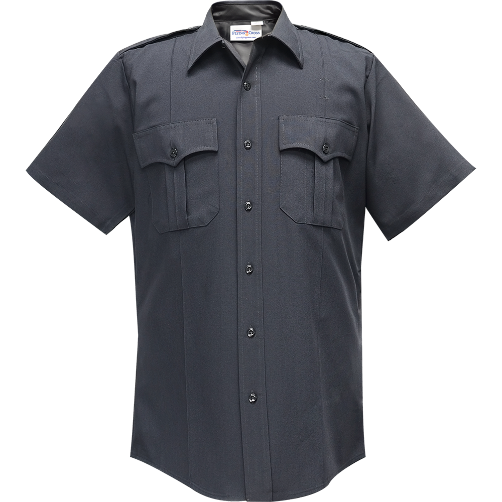 Flying Cross short sleeve shirt dark gray uniform shirt with button-down front and two flap pockets featuring a classic design and durable fabric