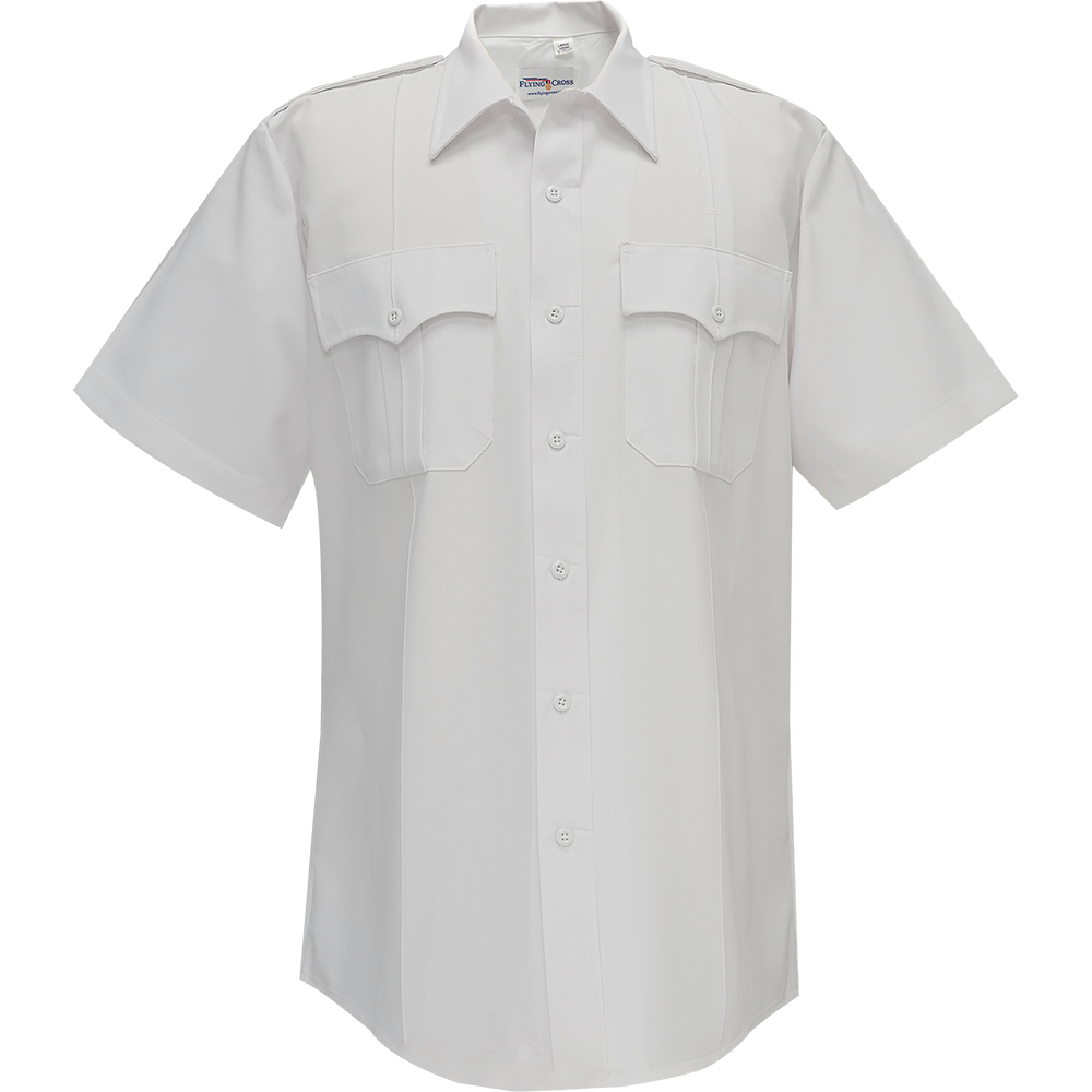 Product shot of a Flying Cross short-sleeve white uniform shirt featuring two breast pockets, a button-down collar, and a crisp, wrinkle-resistant fabric.