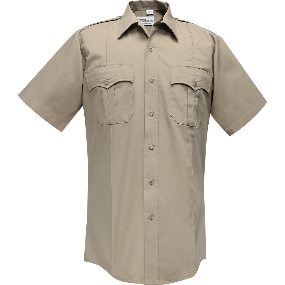 Product shot of a tan short-sleeved uniform shirt featuring two breast pockets with flaps and button closures, a classic collar, and a subtle sheen khaki fabric