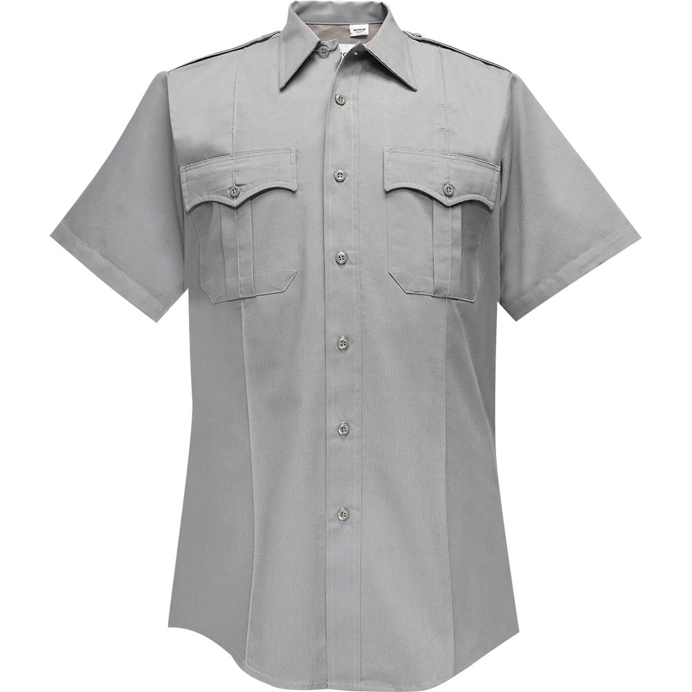 Product shot of a grey short sleeve shirt with two breast pockets and silver buttons on a white background