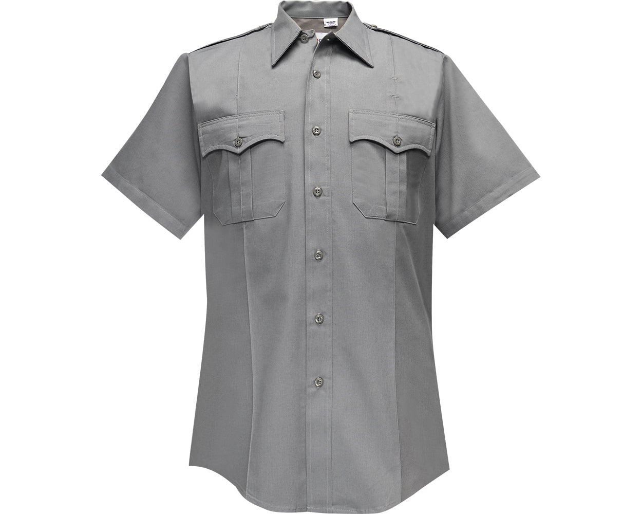 Product shot of a grey short-sleeve uniform shirt featuring two chest pockets, a button-down front, and metallic buttons against a white background
