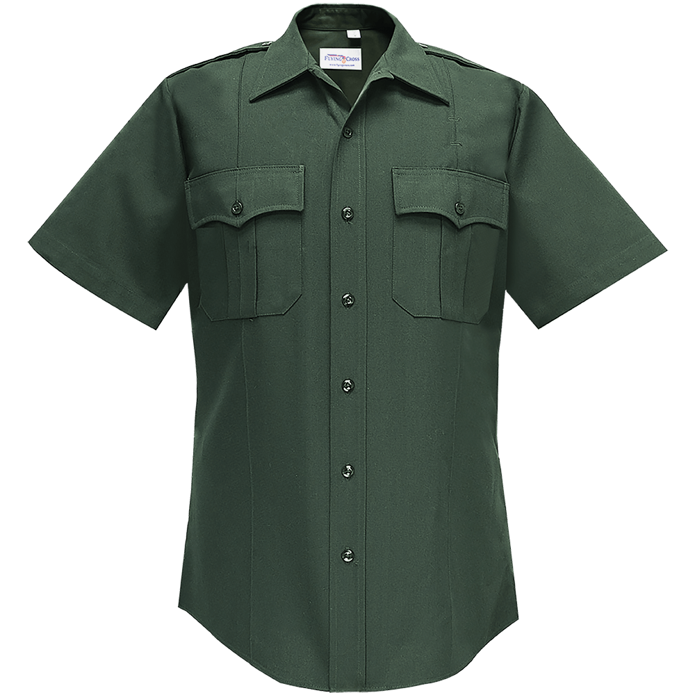Product shot of a Flying Cross dark green short-sleeved uniform shirt featuring two chest pockets, a button-down collar, and black buttons.