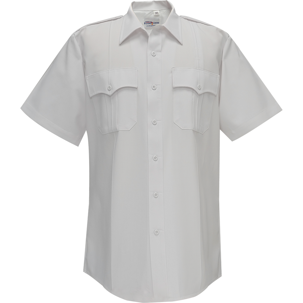 Product shot of a Flying Cross short sleeve white uniform shirt featuring a button-down collar, two flapped chest pockets and pearlescent buttons