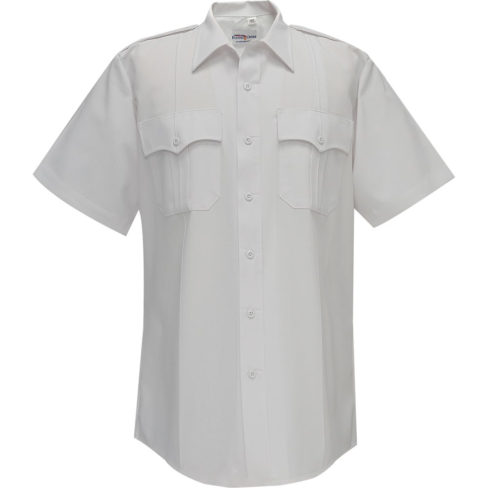 Product shot of a Flying Cross short sleeve white uniform shirt featuring button closures and two chest pockets with box pleats