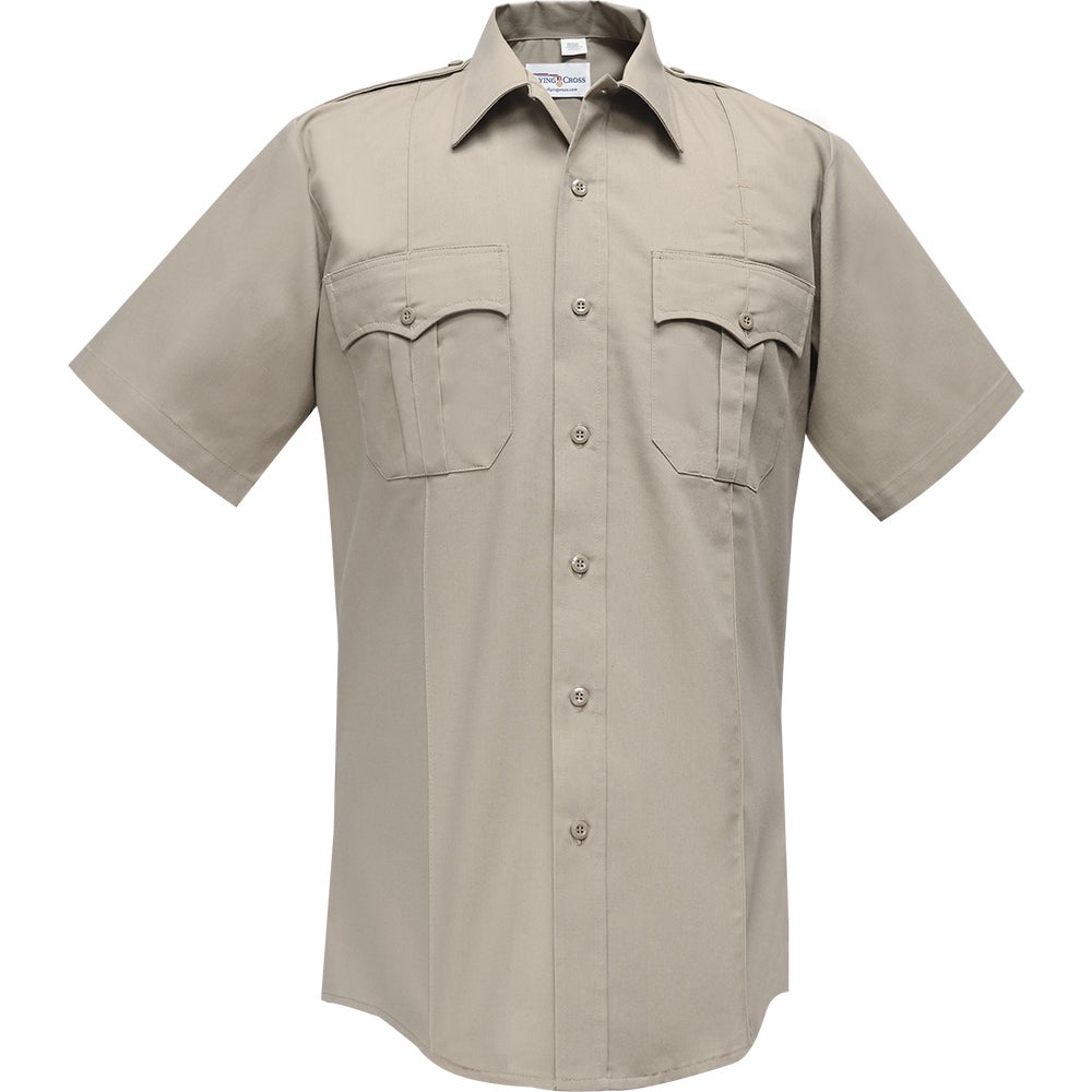 Product shot of a tan short-sleeved Flying Cross men's uniform shirt featuring button-down front, two breast pockets with flaps, and short sleeves.