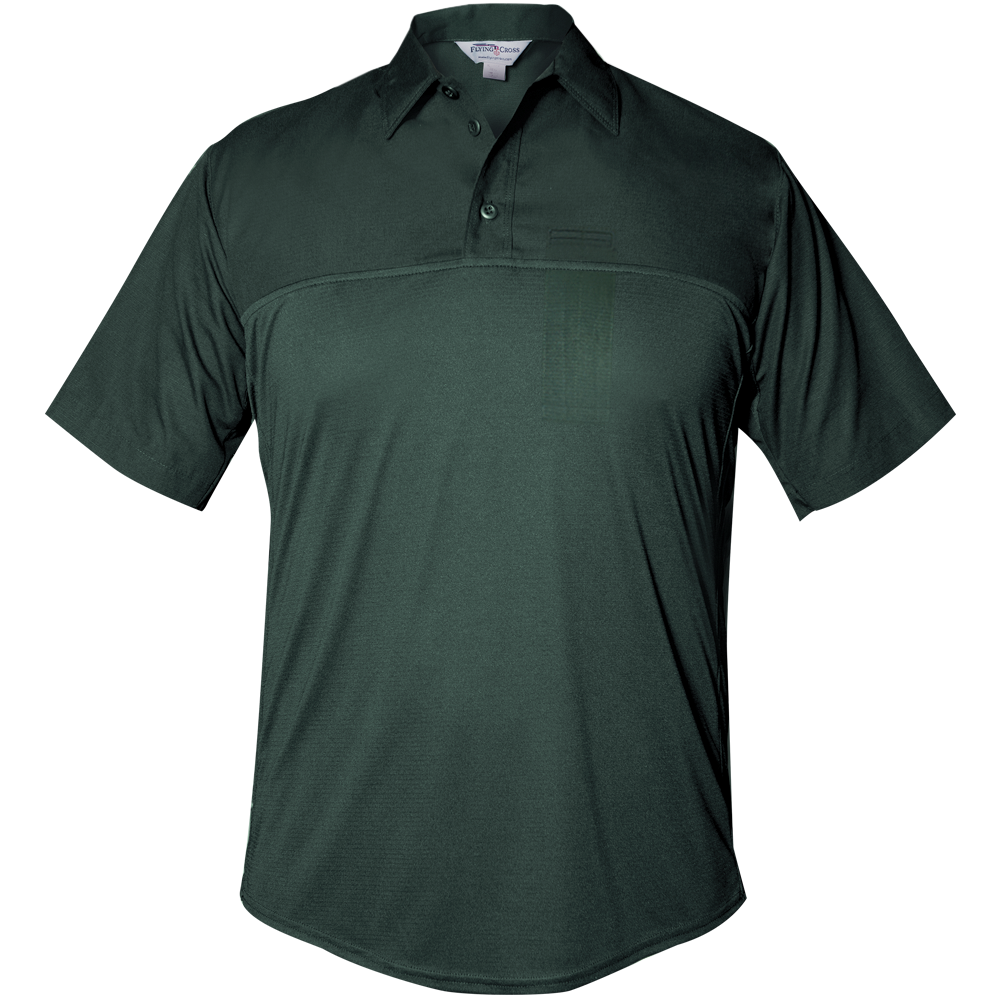Product shot of a dark green First Tactical polo shirt featuring a contrasting yoke and a small logo on the chest showing a three-button placket and short sleeves