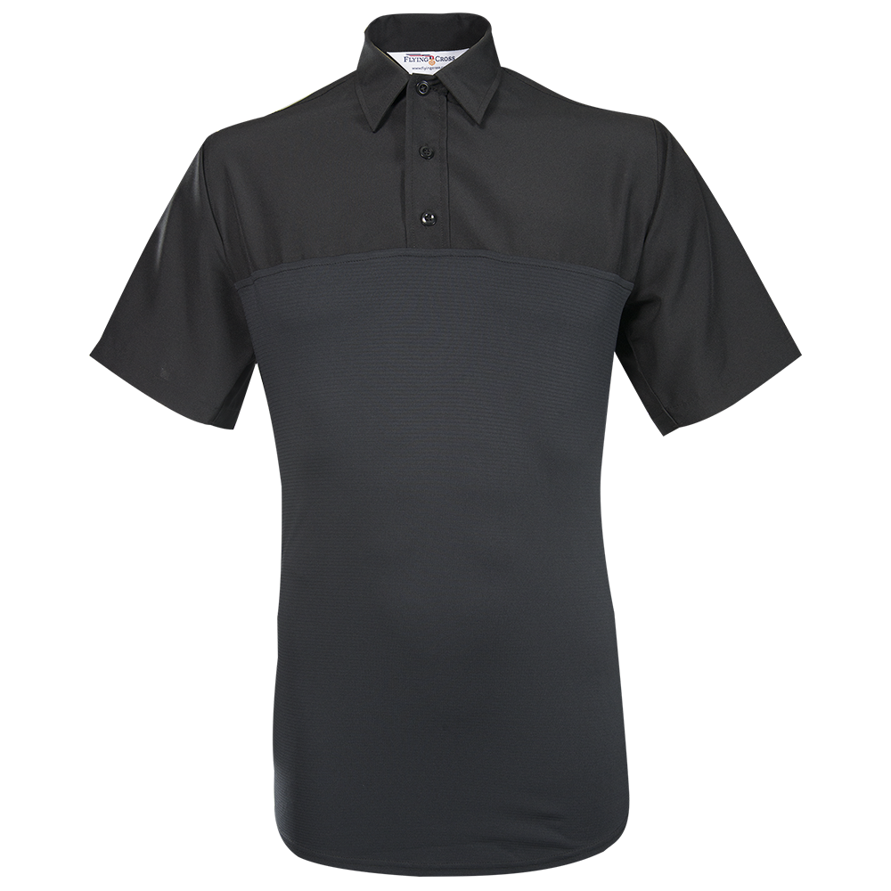 Product shot of a Flying Cross black short-sleeve polo shirt featuring a textured lower panel and a button-down collar showing subtle stitching detail and a logo label
