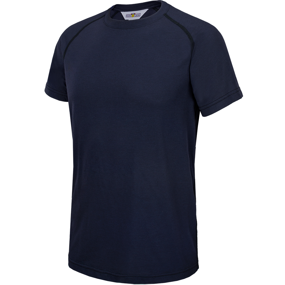 Product shot of a navy blue TopGun t-shirt featuring contrasting black stitching and a small yellow logo on the neckline