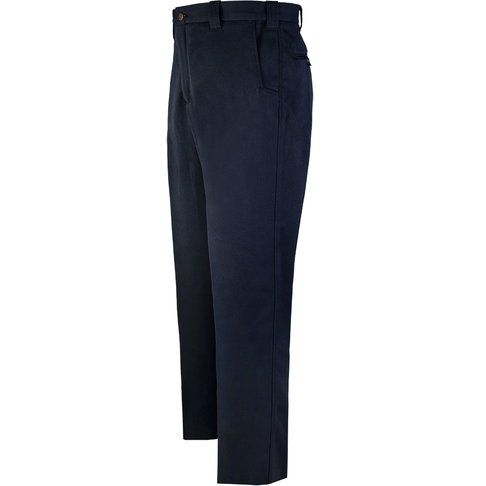 Product shot of dark navy blue work pants featuring a flat front, brass button, and angled side pockets