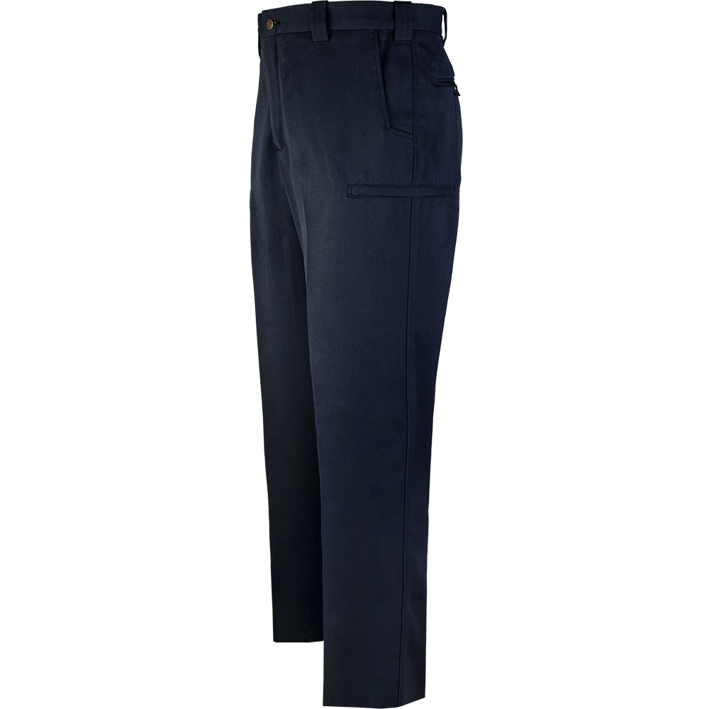 Product shot of dark navy work pants featuring multiple pockets and a brass button waist detail