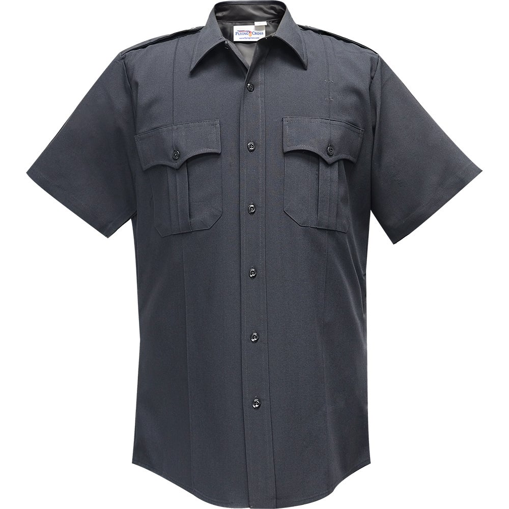 Product shot of a Flying Cross dark gray short sleeve uniform shirt featuring a button-down front, two chest pockets with flaps, and black buttons