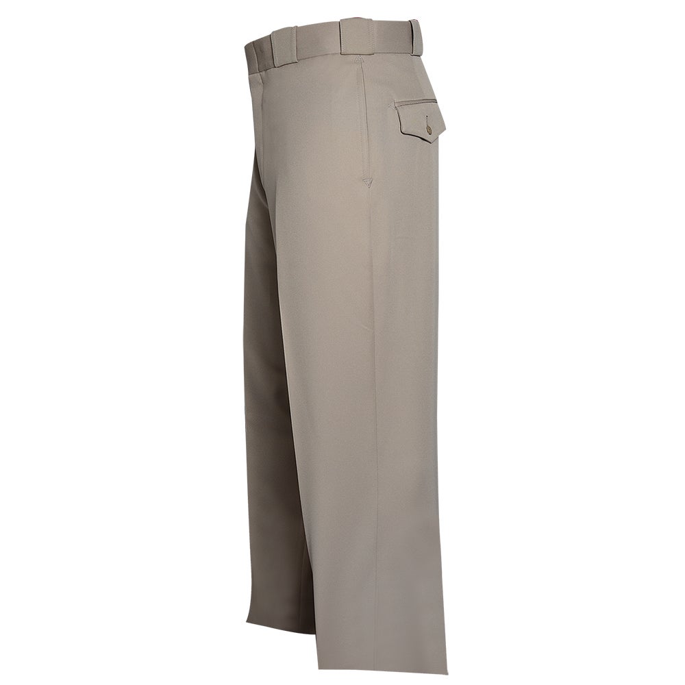 Product shot of khaki pants featuring a visible belt loop, a single buttoned pocket, and subtle creasing showcasing the fabric's drape and texture
