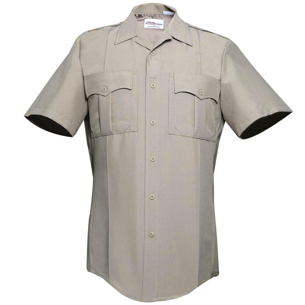 Product shot of a Flying Cross khaki short-sleeve shirt featuring a button-down collar, two flap pockets, and a subtle sheen fabric