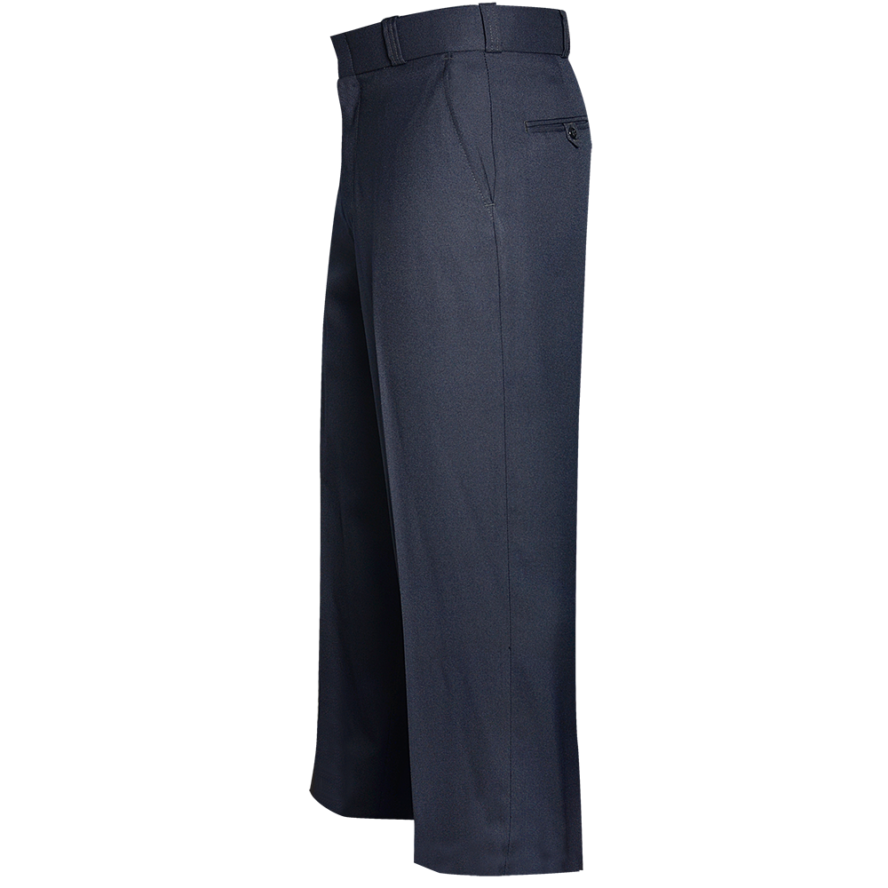 Product shot showing a dark navy pair of men's dress pants with a center crease and a subtle sheen featuring a zippered fly and a back pocket