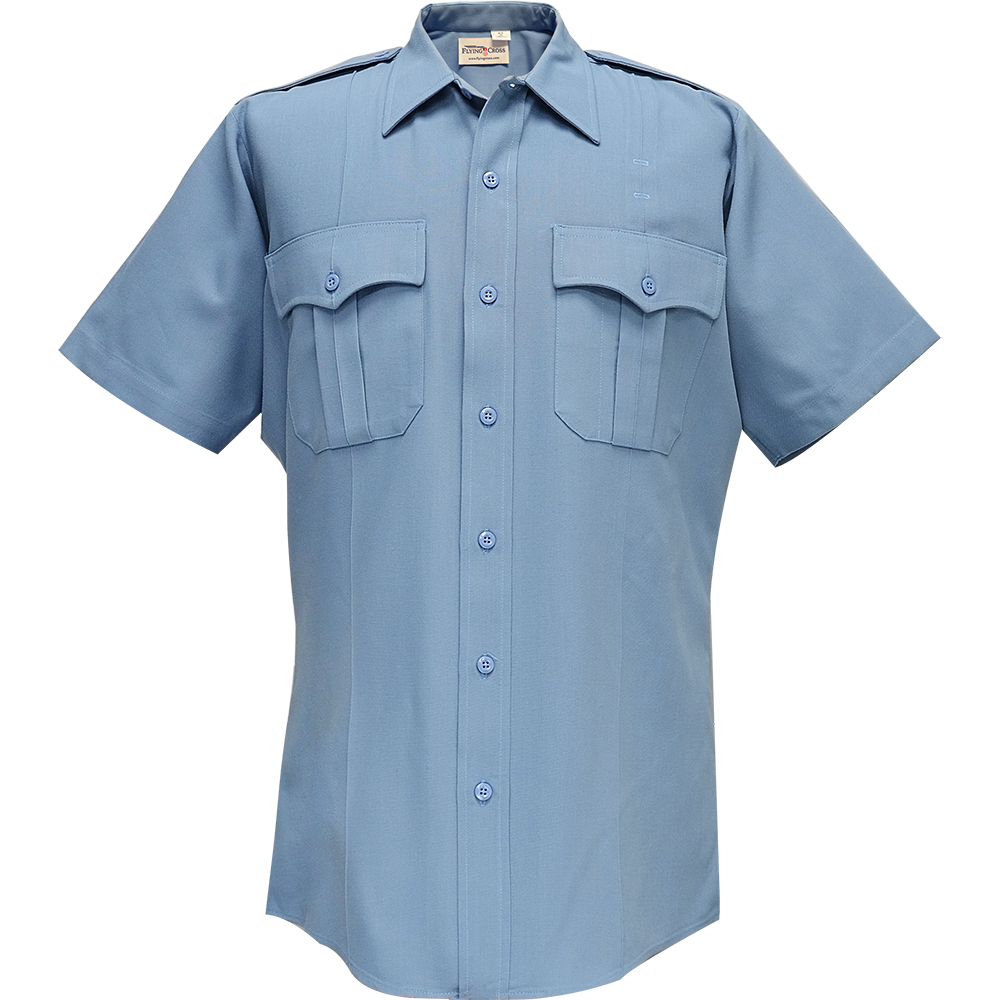 Product shot of a light blue short-sleeved Flying Cross uniform shirt featuring two chest pockets, button closures, and a collared neckline