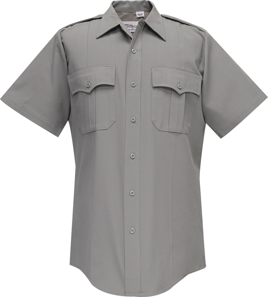 Product shot of a grey short-sleeved uniform shirt featuring two flap pockets and a button-down collar showcasing its durable fabric and subtle sheen