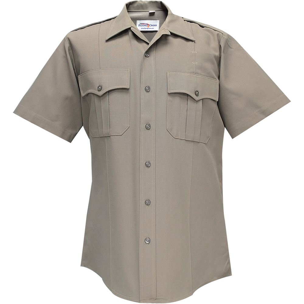 Product shot of a Flying Cross khaki short-sleeve uniform shirt featuring a button-down collar, two pleated chest pockets, and silver buttons